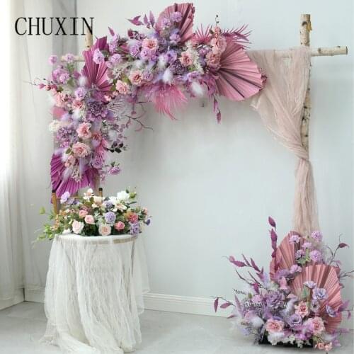 Custom Fantasy Purple Wedding Arch Floral Arrangement Natural Fan Feather Runner Stage Home Scene Layout Flower Row Decoration