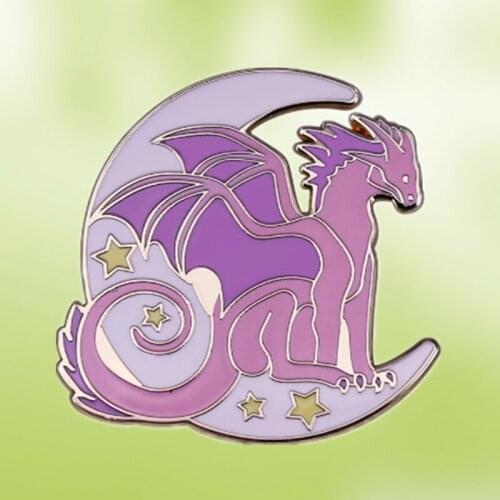 Pink Crescent moon stars dragon artwork Pastel Aesthetic enamel pin Fantasy Gift Accessory brooch