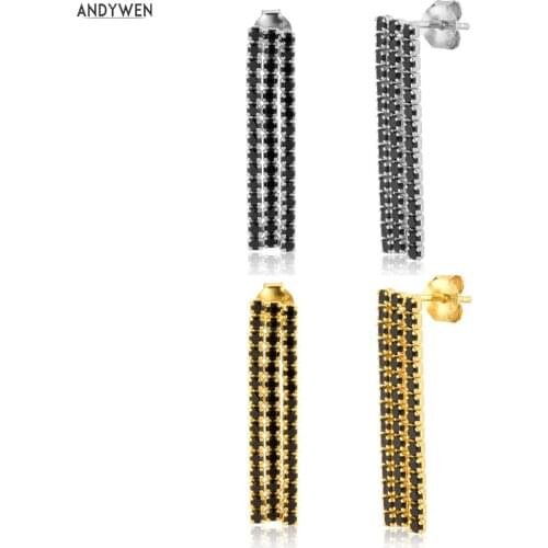 ANDYWEN 925 Sterling Silver Black Zircon Three Line Drop Earring Piercing Pendiente Pin Luxury Fashion Jewelry Chain Wedding