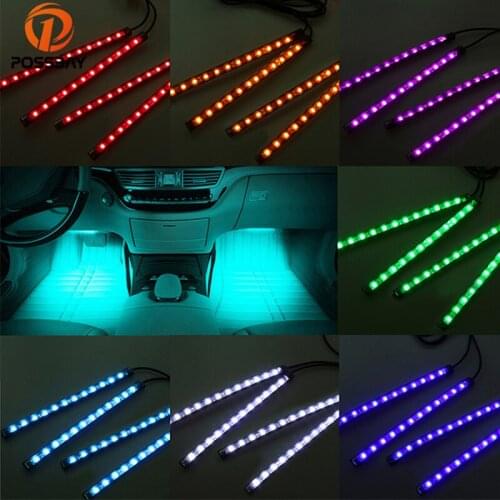POSSBAY 4Pcs LED Atmosphere Lamp 5050 Strip Lights Neon Car Interior Light With Cigarette Lighter Decorative Floor Light