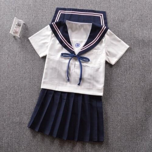 Japanese High-end sailor suit Summer embroidery Stitching Short sleeve suit Two pink bars