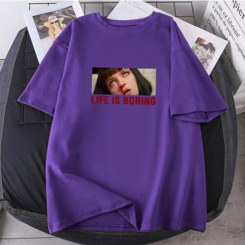 Pulp Fiction Cartoon Woman T-shirts Fashion Life Is Boring Summer Lady Clothing 2021 Tops Short Sleeve O-neck Tees Casual K-pop