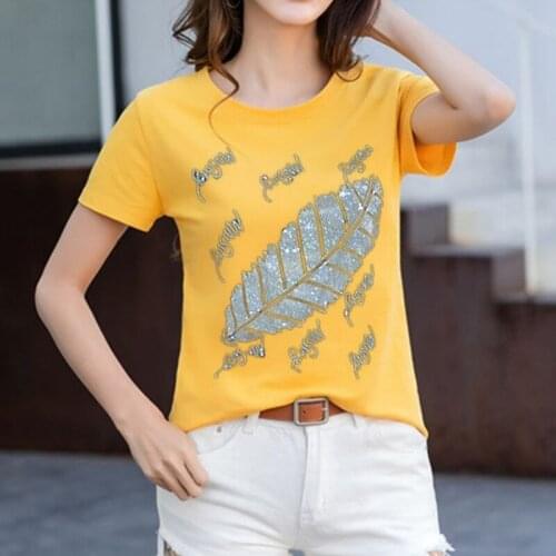 Women Rhinestone T Shirt 2021 Summer Woman T-Shirt Diamond Print tops Flower letter tshirt Womens Clothing Poleras De Mujer Moda