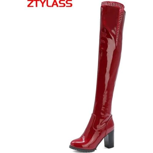 Big Size 45 White Black Red Women Boots Patent Leather Over The Knee Boots Sqaue High Hee Long Boots Zipper Autumn Winter Shoes