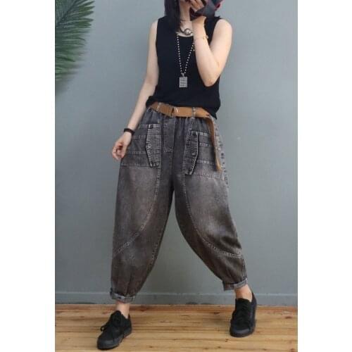 Women 2021 Summer New Fashion Elastic Waist Loose Jeans Female Long Casual Harem Pants Ladies Solid Color Thin Trousers P28