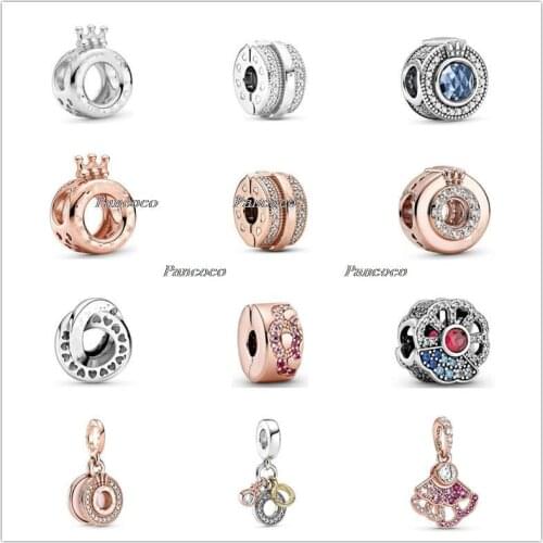 925 Sterling Silver China Exclusive Rose Pink Fan Pattern Spacer Clip Bead Fit Women Pandora Bracelet & Necklace Jewelry