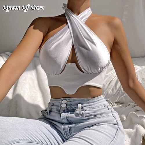 2021 New Summer Backless Crop Top Women Cross Halter Neck Sleeveless Casual Club Party White Y2K Sexy Tank Tops Black