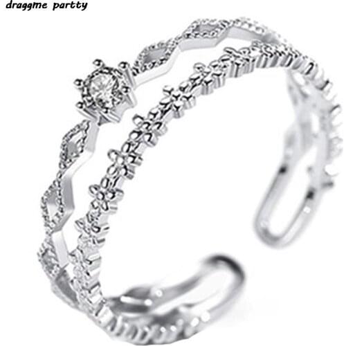 Hollow Woman Personality Opening Adjustable Cold Wind Zircon Double Crown Ring Fashion Jewelry