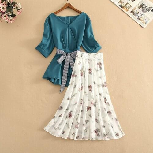 2021 Summer New Office 2 Piece Set Women V Neck Puff Sleeve Chiffon Blouse Bow Tie Shirt Top +Flower Printed Long Skirt Set Suit