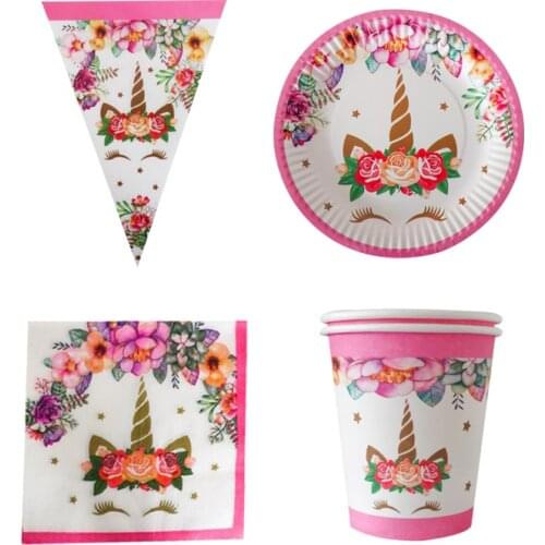 50pcs/lot Unicorn Theme Girls Kids Favors Tableware Set Plates Cups Dishes Birthday Events Baby Shower Party Banner Napkins