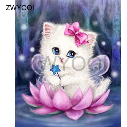 5DDIY Diamond embroidery Cross stitch Cat bow Full Square Diamond mosaic Cat bow lotus Full Round Diamond painting Cat bow lotus