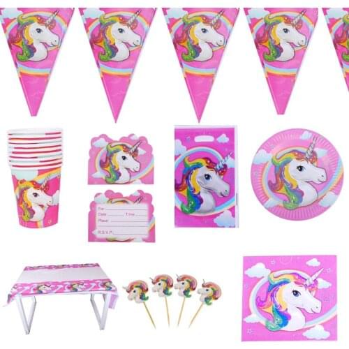 95pcs/lot Unicorn Theme Banner Gifts Bags Cups Plates Tablecloth Happy Birthday Party Invitation Cards Cake Toppers Tableware