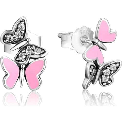 CKK 925 Sterling Silver Jewelry Fluttering Butterflies Stud Errings, Soft Pink Enamel DIY Making For Women