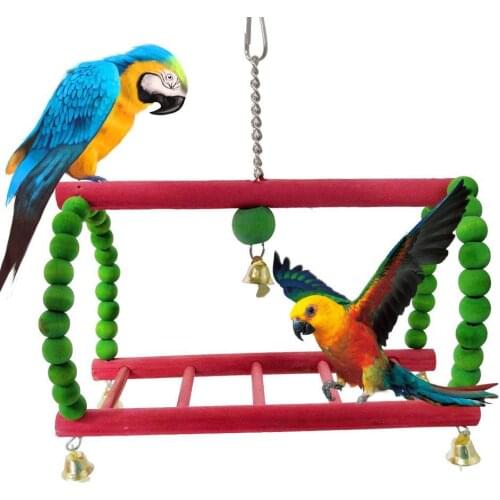 Pet Bird Parrot Wooden Climbing Bell Swing Ladder Hanging Cage Play Chew Entertainment Interaction Random Color Standable Toy