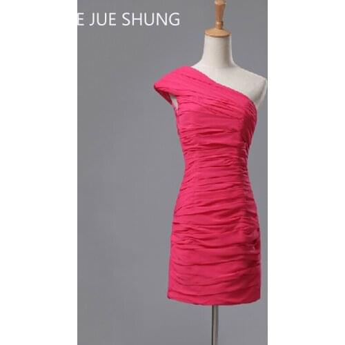 E JUE SHUNG Fuchsia Pleat Chiffon Cheap Short Homecoming Dresses One Shoulder Short Cocktail Party Dresses Short Prom Dresses