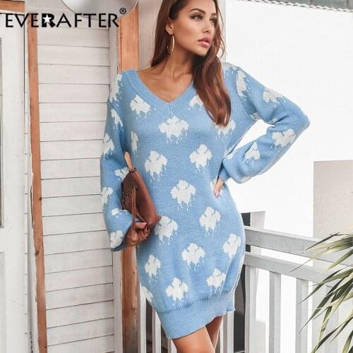 EVERAFTER Elegant Floral Print Long Sleeve Midi Dress Women V-neck Fashion Loose Warm Knitted Dress 2021 Winter Sweater Dress