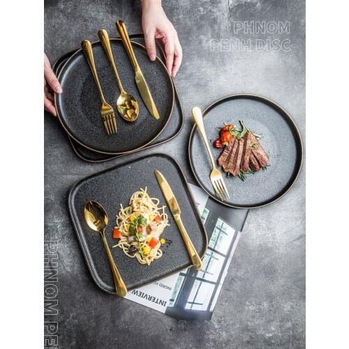 8/10 inch Gold Rim Ceramic Western Food Steak Plate Dish Black Matte Tableware Sets Porcelain Luxury Service Tray Round Square