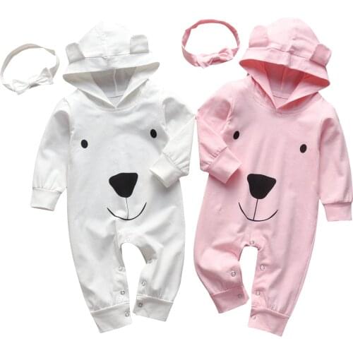 Newborn Babies Hooded Rompers Printed Pullover Jumpsuit Plus Headband 100% Pure Cotton Casual Infant Baby Toddler Clothes