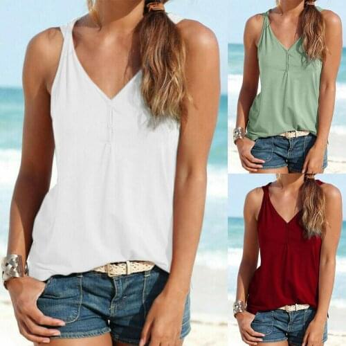 HOT SALES!!! Summer Beach Women Solid Color Buttons V Neck Twist Sleeveless Tank Top Vest