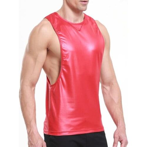 Fashion Mens Tops Tee Loose Casual Faux Leather Sleeveless Vest Tank Tops Shiny Sports Gym Top Clothing for Man New Arrival Hot