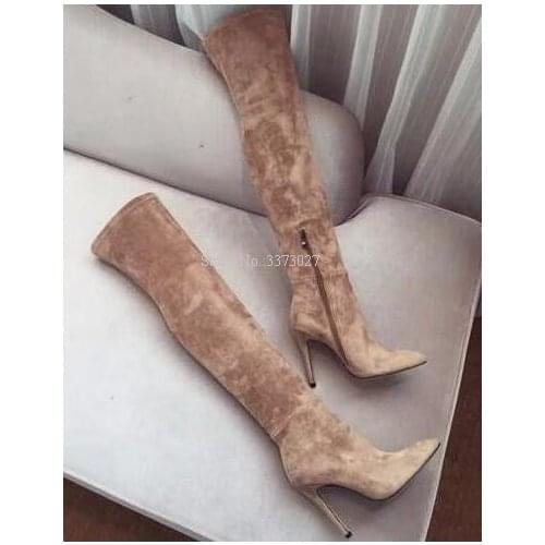 Fashion Beige Color Suede Thigh High Boots Women Sexy Pointed Toe Stiletto Heel Over the Knee Long Boots Lady Real Photos Shoes