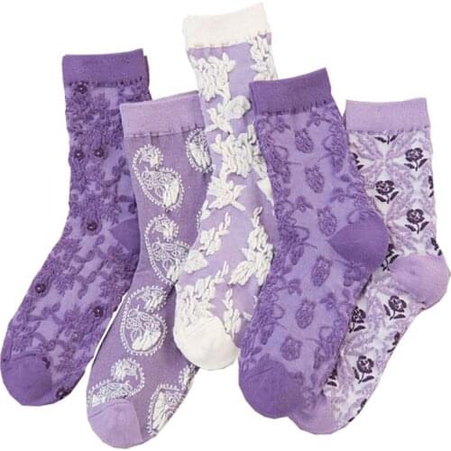 5 Pairs Women Socks Set Retro Court Style Autumn Winter Purple Floret Soft Skin-friendly Japanese Breathable Pure Cotton Relief