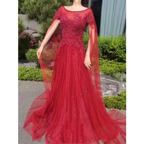Red Gowns With Cape Sleeves O-Neck Fashion Ladies Bling Bling Eveningdress Luxury Host Dress For Women Wedding Party Graduation