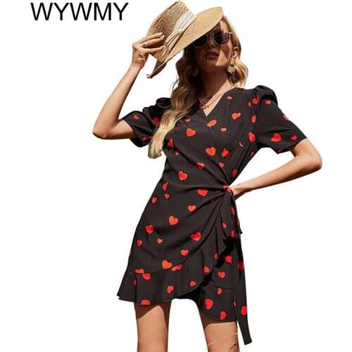 WYWMY Women Summer V Neck Wrap Dress Heart Print Black Short Sleeve Cascading Ruffles Sashes A Line Casual Female Mini Sundress