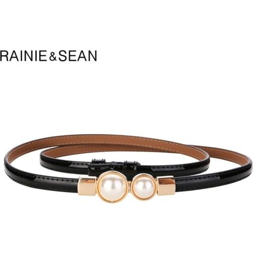 Pink Ladies Belt for Dresses Real Leather Thin Women Belt Pearl Buckle Black Red Pink Gold Brand Female Waist Belt