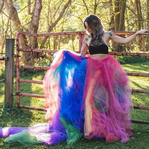 Chic Rainbow Puffy Long Tulle Skirts Women Pretty Colored Mesh Tulle Bridal Skirts With Train A-line Elastic Maxi Skirt