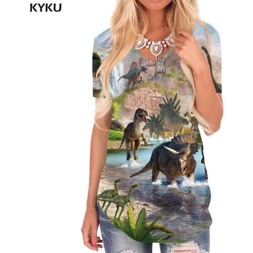 KYKU Dinosaur T Shirt Women Animal Funny T shirts Novel Tshirts Printed Harajuku V-neck Tshirt Womens Clothing Fashion Loose New