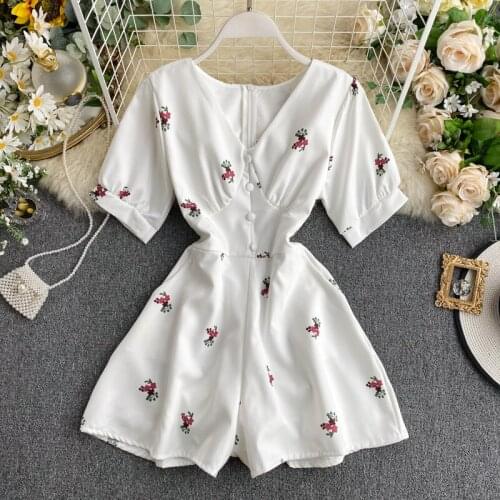 Lady Fashion New V-neck Thin Printing Holiday One-piece High Waist Playsuits Women Short Sleeve Overalls Jumpsuits N531