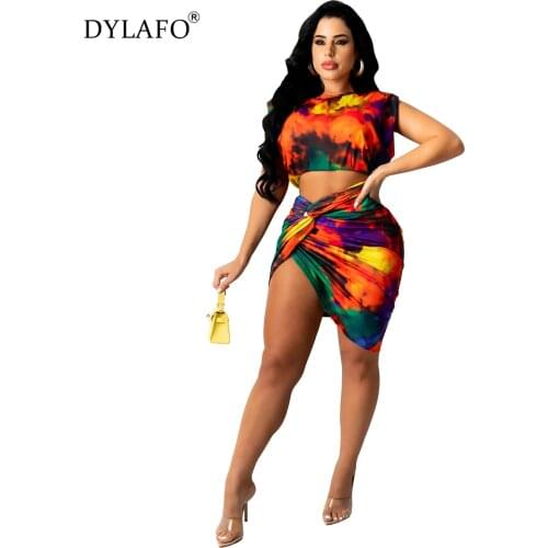 Womens Round Neck Skirt Suit Tie-Dye Print Knot Pleated Lace-Up Tight-Fitting Two-Piece Set Sleeveless Dress Summer