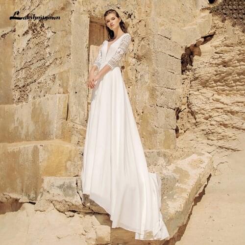 Lakshmigown Boho A Line Satin Wedding Dress with 3/4 Sleeves abito Lace Appliques Elagent Simple Bride Dresses vestido de novia
