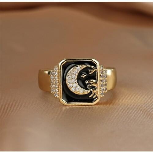 Charm Gold Color Opening Ring Female Cute Moon Black Glue Ring White Zircon Small Stone Square Rings For Women Men Party Jewelry