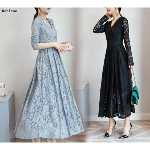 Women long sleeve pink black blue white lace dresses fashion elegant long maxi dress spring autumn plus size party vestidos