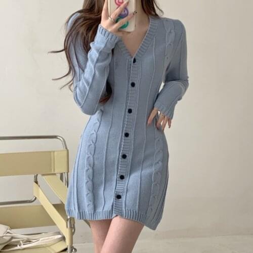Autumn Winter 2021 New Korean Fashion Casual Knitted Dress Women Single Breasted Long Sleeve Slim Waist Sweater Dress Vestidos