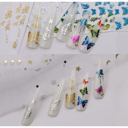 16 Sheets Holographic Butterfly Nail Stickers Decals Holo Gold Silver Multi-Color Different Shapes Nail Adhesive Stickers Decor