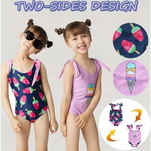 Toddler Kids Baby Girls Ice Cream Print One-piece Reversible Swimwear Swimsuit Fashion Two-sides Design Kids Swimwear For Girls