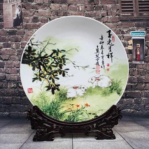 Ceramic Porcelain Decoration Plate Artistic Collection with Rabbit Painting for Chinese Style Home Decoration