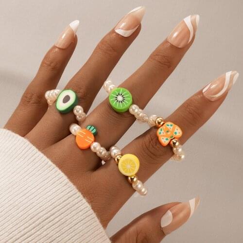 Tocona 5pcs/sets Luxury Pearl Stone Butterfly Beaded Ring Sets for Women Girls Lovely Fruit Vegetable Jewelry Anillo 18615