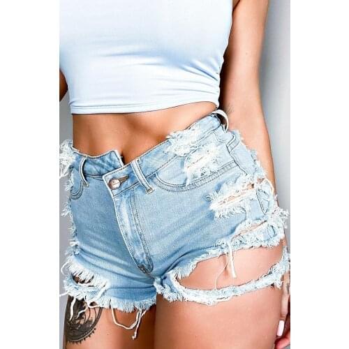 Fashion Irregular Stretch Women Sexy Denim Shorts High Waist Ripped Tearing Holes Jeans Distressed Shorts