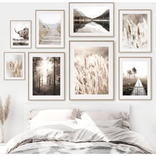 Jetty Ocean Cow Forest Lake Beige Reeds Wall Art Canvas Painting Nordic Posters And Prints Wall Pictures For Living Room Decor