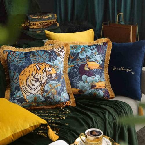 American luxury tiger/bird printed cushion cover tassel decorativeblue yellow velvet pillowcase throw pillow covers backrest