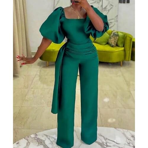Sexy Square Collar Puff Sleeve Jumpsuit Women Plus Size High Waist Elegant Solid OL Jumpsuits Chic Evening Party Club Ovearlls