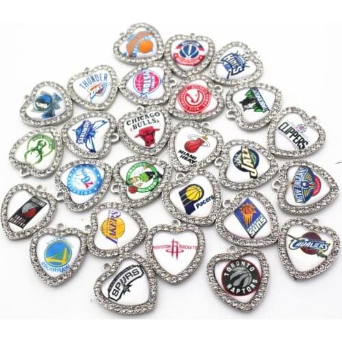 Mix 30pcs Different Crystal Heart Basketball Team Dangle Charms DIY Necklace Pendants Jewelry Sports Hanging Charms Jewelry