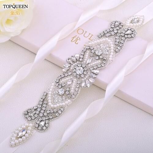 TOPQUEEN S208 Bride Rhinestone Beaded Belt Wedding Accessories Women Dress Belts Champagne Belt for Dress Womens Belt White