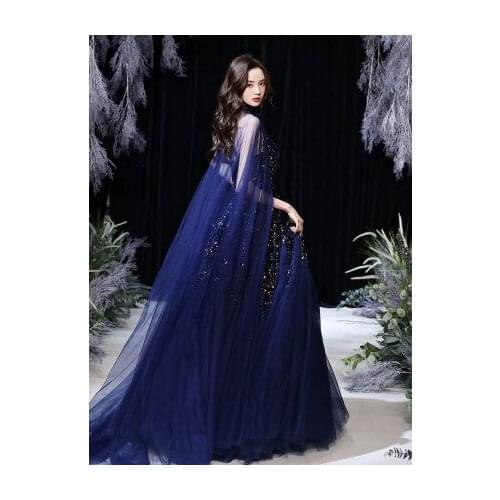 Luxury royal blue star beading ball gown with long cloak gown queen Medieval Victorian Ball stage performance/event/studio