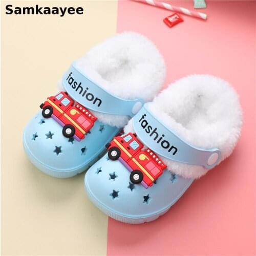 2-8y Kids Mules Clogs Winter Boys Girls Home Slippers Cartoon Car Toddler Flat Indoor Non-slip Children Warm Garden Shoes Y16