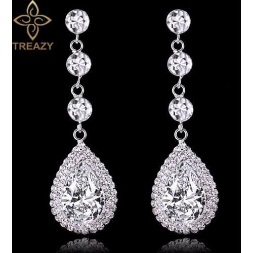 TREAZY Crystal Long Drop Wedding Earrings Silver Color Waterdrop Bridal Dangle Earrings Wedding Engagement Jewelry Femme Brincos